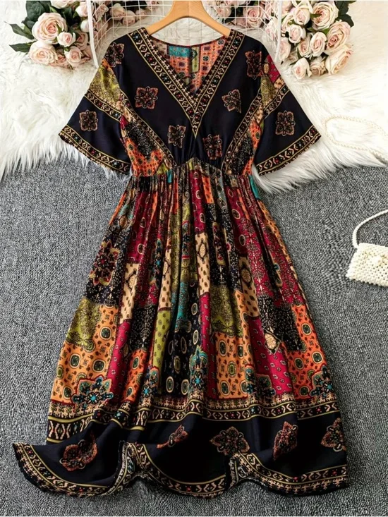 Bohemian Patchwork Print V-Neck Midi Dress - Multi New Boutique - Picture 1 of 5